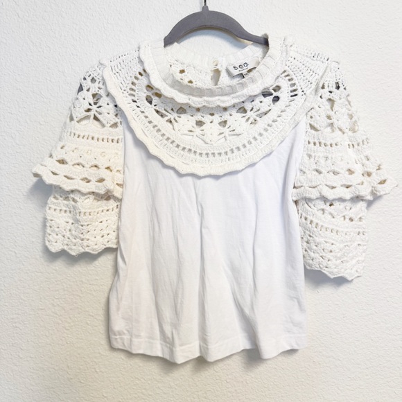 Sea New York White Cleo Crochet Combo Puff Sleeves T-Shirt Size XS - Picture 4 of 8